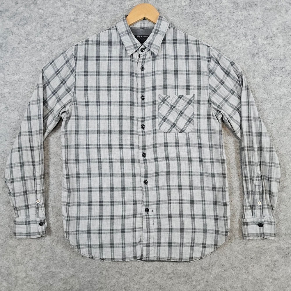 Rag & Bone Men's Gray Windowpane Button Up Shirt Size M 100% Cotton TINY SNAG